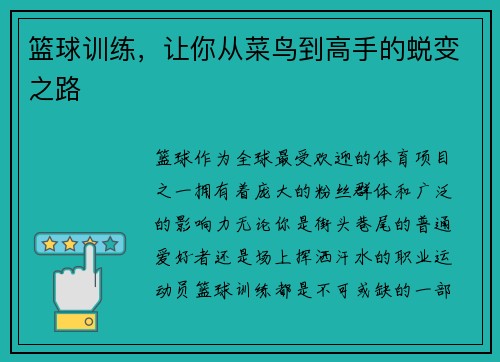 篮球训练，让你从菜鸟到高手的蜕变之路