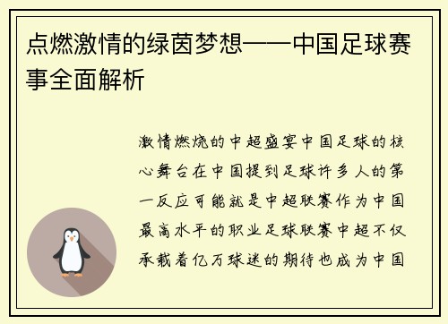 点燃激情的绿茵梦想——中国足球赛事全面解析