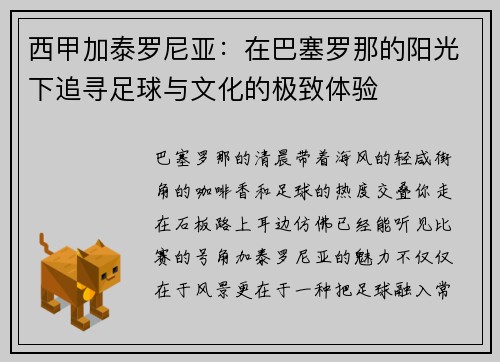 西甲加泰罗尼亚：在巴塞罗那的阳光下追寻足球与文化的极致体验